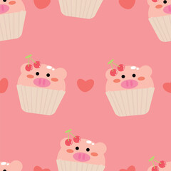 Seamless pattern with pink pigs inside cute cartoon cups, for fabric prints, textiles, colorful gift wrapping paper for children, flat style