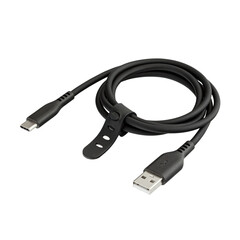 Black cable for charging and synchronization with Type - C, USB, Micro USB, Lightning connectors on a white background close-up