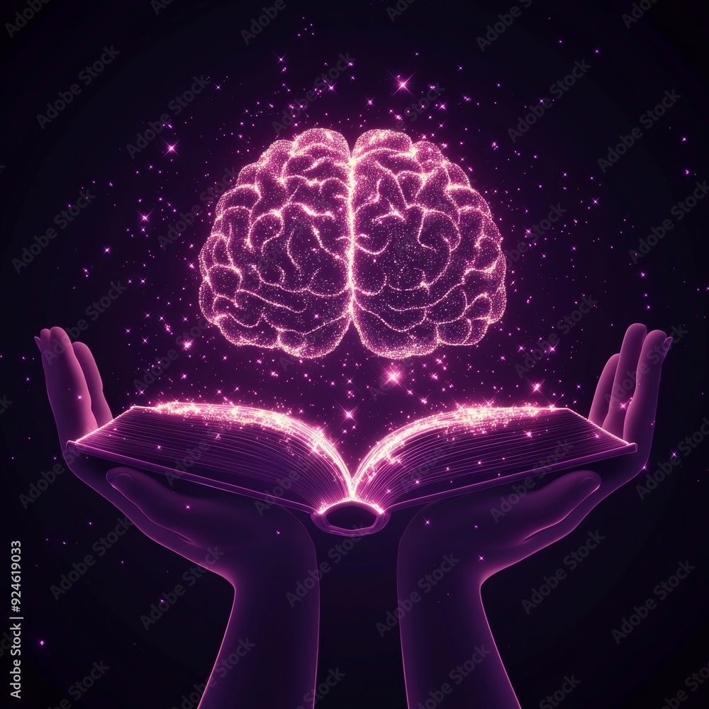Poster brain and book wireframe illustration. 3d polygonal open textbook. developing imagination through re