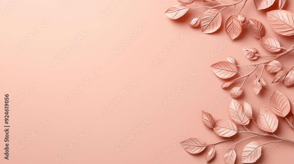 Poster serene monotone peach foliage on soft pastel pink background with copy space for design concepts, ge