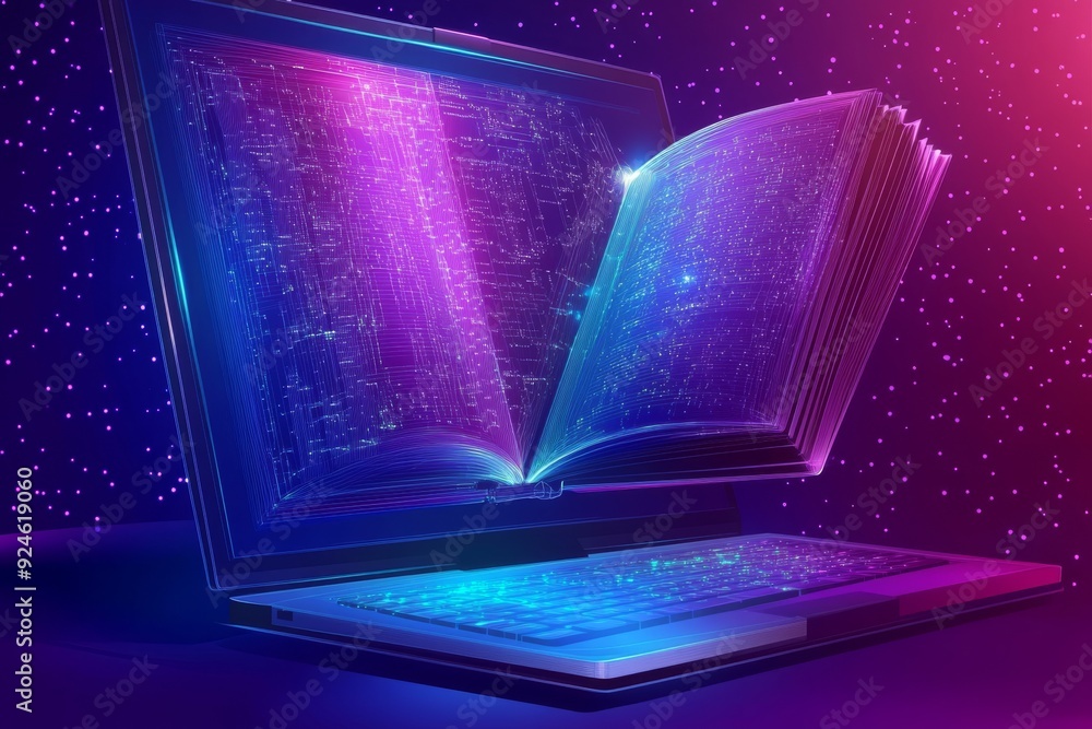 Poster illustration of a computer screen and a book in low polygons. open textbook concept in 3d. polygonal