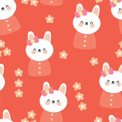 Seamless pattern with cute cartoon white rabbits wearing ribbons, for fabric prints, textiles, colorful gift wrapping paper for children, flat style