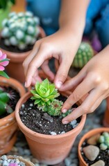 Gardener Transplanting Succulent and Cactus Plants in Terracotta Pots Outdoors