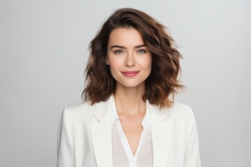 Fototapeta premium Confident Woman in White Sports Top Exuding Professionalism with a Simple Light Background, Embracing the Concept of Strength and Grace.