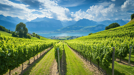 A beautiful vineyard in the Swiss countryside, with rows of grapes leading to the mountains in