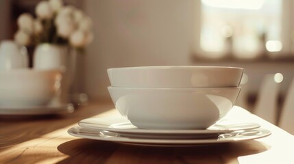 Obraz premium Close-up of a bowl and plate on a table, perfect for food photography or still life compositions