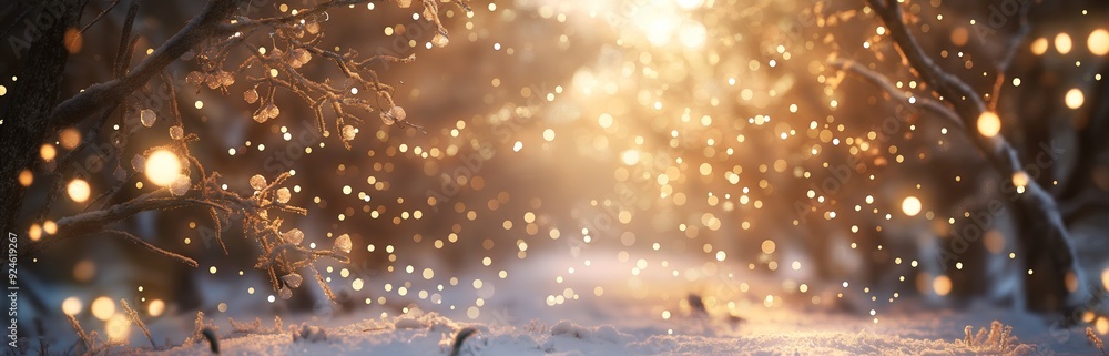 Poster a sunlit forest path in winter glows with golden lights, adding warmth and enchantment to the snowy 