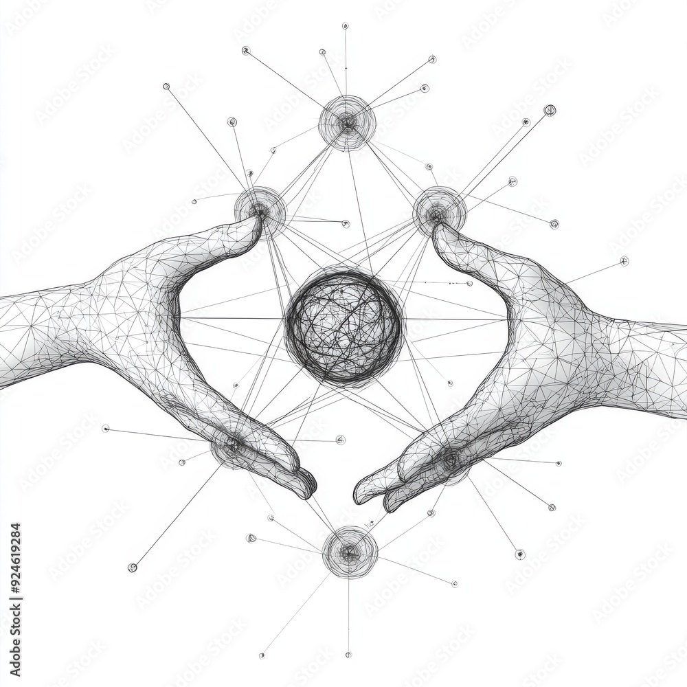 Poster isolated white background, 3d double image of hands touching abstract technology circles with global