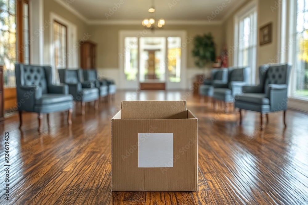 Poster open cardboard box in empty room with blurred chairs and windows