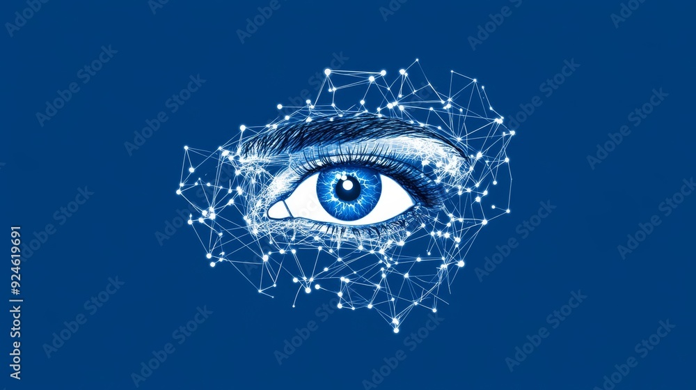 Poster a wireframe eye with polygons showing technology face recognition and data security. modern geometri