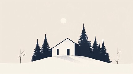 Naklejka premium Minimalist Winter Landscape: A House in the Snowy Woods