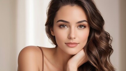 Fototapeta premium Close up face of a beautiful young woman with long wavy brown hair, perfect smooth skin with natural make-up. Cosmetology, beauty, skincare concept