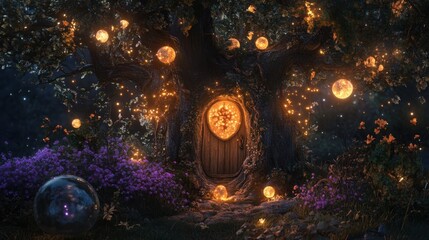 Obraz premium Enchanted Tree with Fairy Door Surrounded by Glowing Orbs and Mystical Flowers in Fantasy Forest