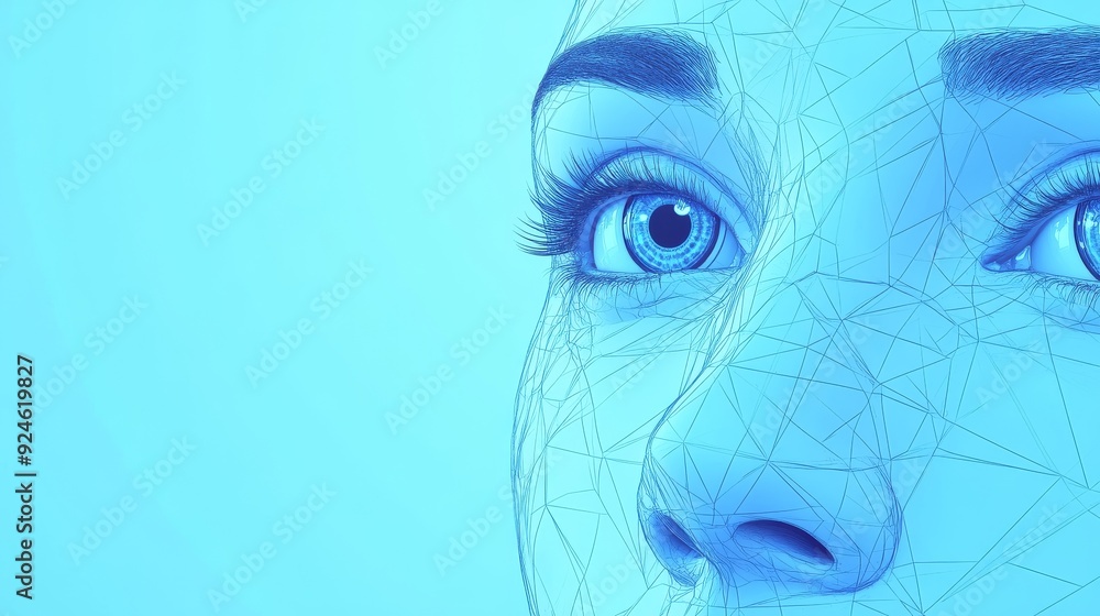 Poster geometric digital modern background with two polygonal wireframe eyes. technology face recognition c