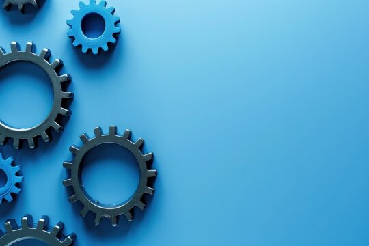 Various gears in black and blue arranged artistically against a solid blue backdrop, representing the concept of automation.