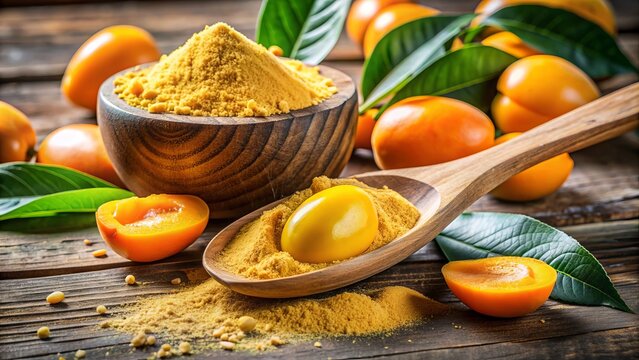 Vibrant yellow-orange lucuma powder pours from a wooden spoon, surrounded by whole lucuma fruits and leaves, on a rustic wooden table with a natural backdrop.