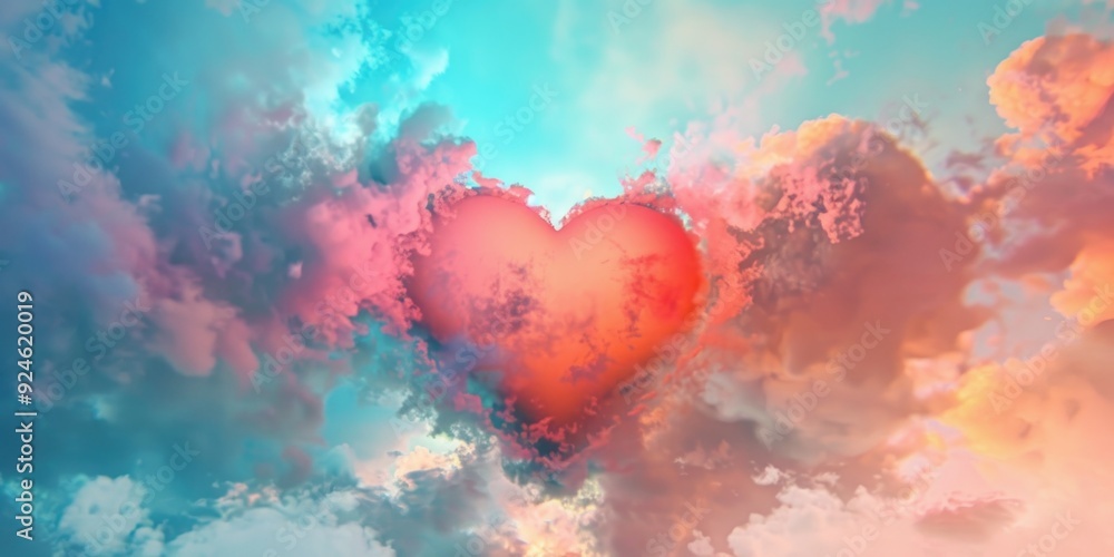 Poster a heart shaped object in the middle of a cloudy sky, suitable for romantic or valentine's day themes