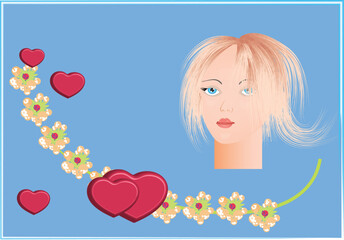 Composition with a beautiful nice girl face with hearts and flowers. Vector illustration for design element.
