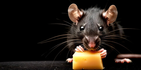 A black mouse with a piece of cheese