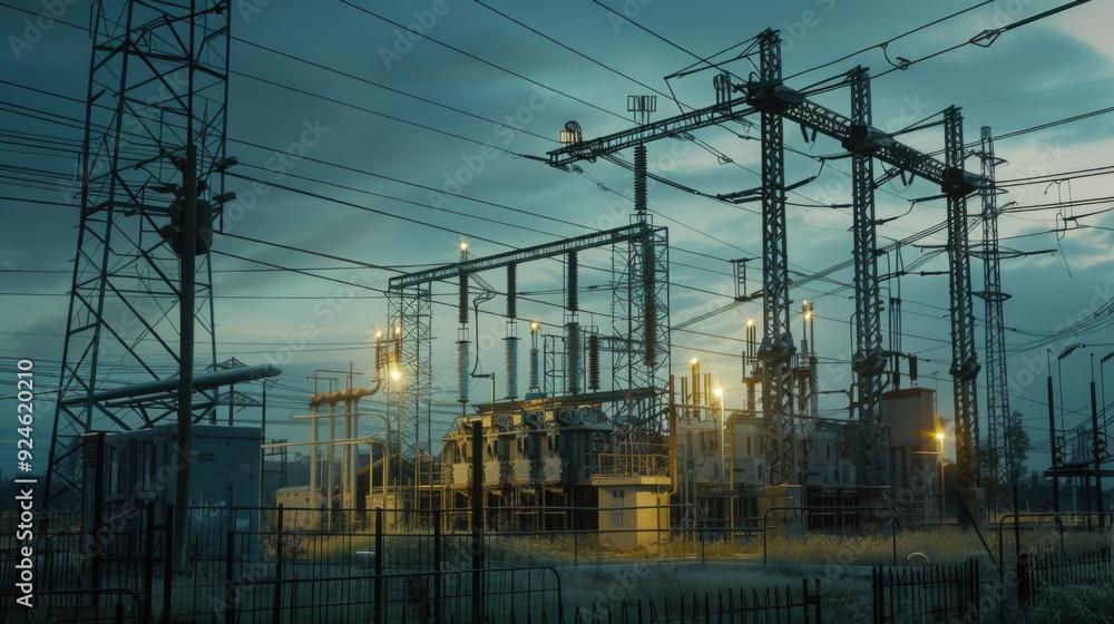 Poster Power substation at sunset with transmission lines and structures