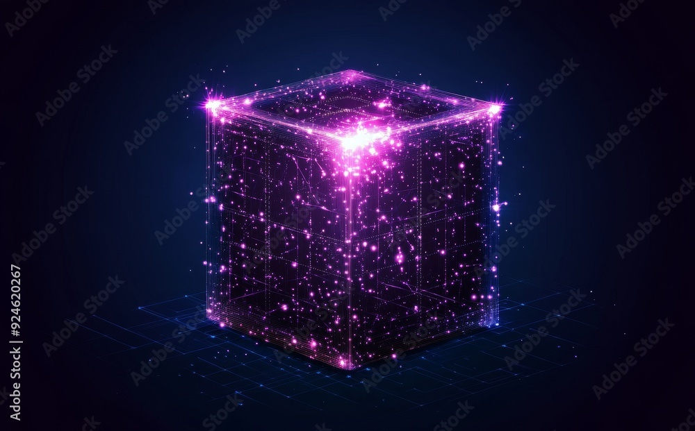 Poster technology innovation concept with connected glowing dots in futuristic low poly wireframe cyberpunk