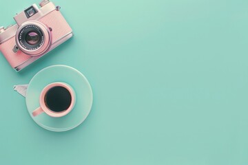 A vintage camera rests beside a delicate cup of coffee, symbolizing the perfect blend of creativity and relaxation in a serene setting.