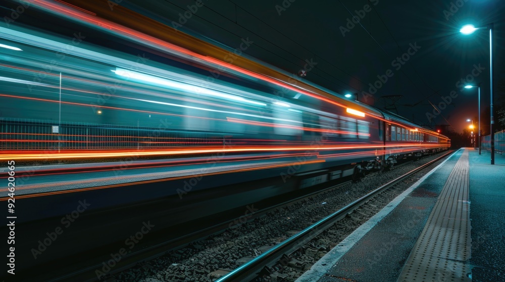 Poster a blurry image of a train on the move
