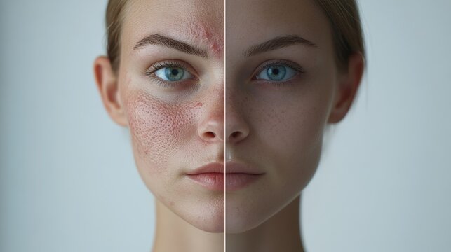 A woman displays a split-screen view, highlighting differences in skin texture and appearance on either side of her face, photo of female face before and after acne treatment and acne removal for cosm