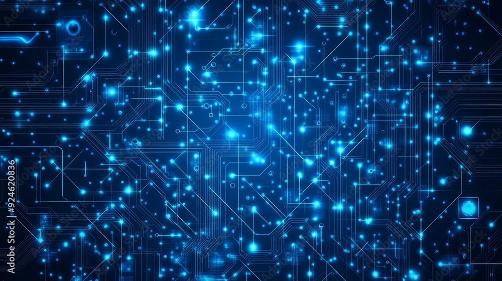 Poster the trace lines on a circuit board are blue on a dark technology background. electronics and compute