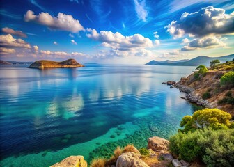 Fototapeta premium Aegean Serenity: Tranquil seascapes with soft blues, evocative of the Mediterranean's calming embrace.