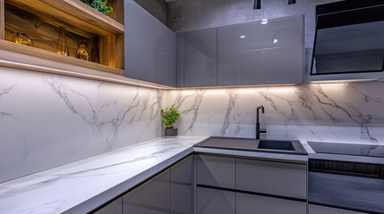 Modern kitchen interior with sleek grey cabinets, marble countertops, and ambient lighting, featuring minimalist design and decorative plants