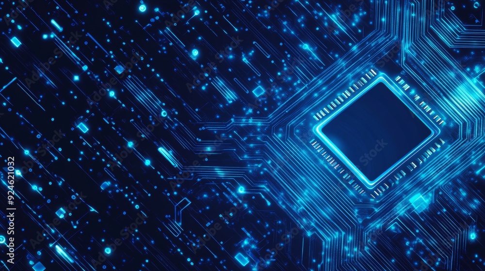 Poster circuit background with a gloving computer chip. abstract digital tech background in blue. wireframe