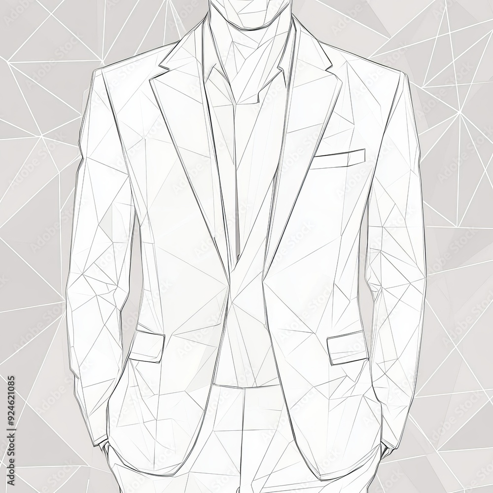 Poster an abstract white businessman in a suit is posed within a triangle of geometry. the coin is connecte