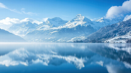 A breathtaking view of the Swiss Alps covered in snow, with a serene lake reflecting the