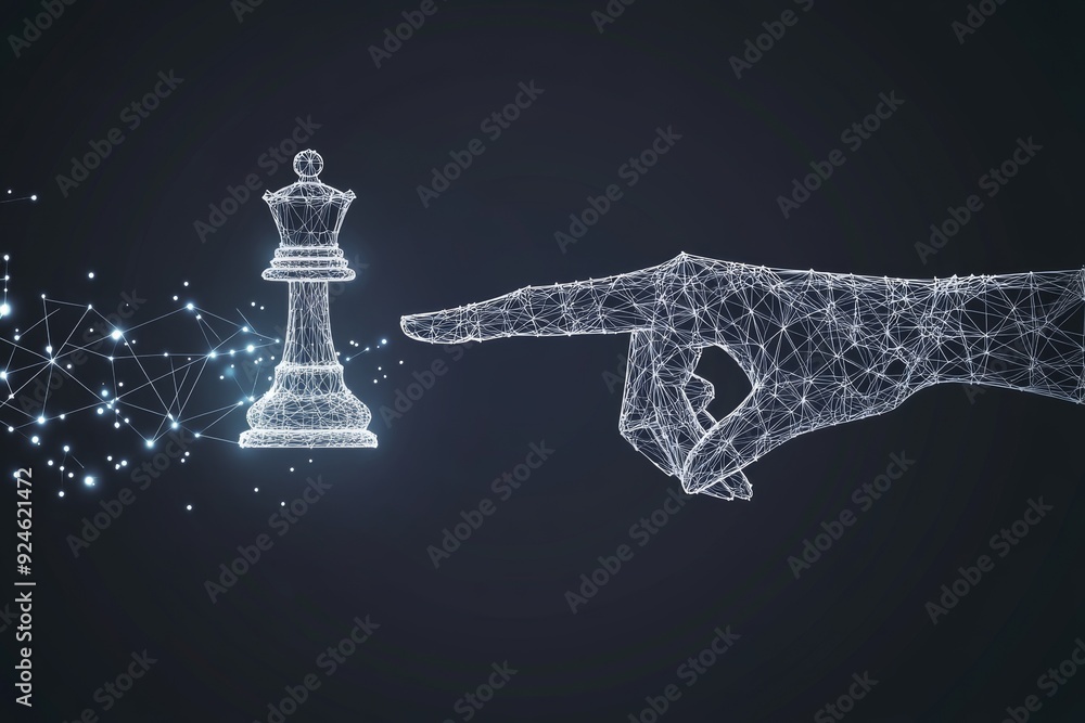 Poster hand holding chess pawn polygonal, geometric triangle. low poly modern coin structure on gray backdr