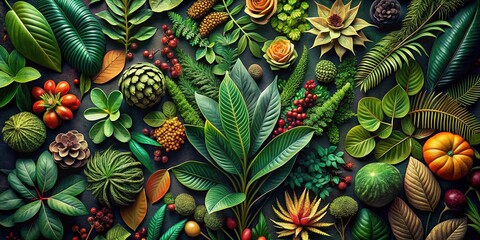 Fototapeta premium Botanical Alchemy: Organic, vibrant, lush foliage, earthy tones, intricate patterns