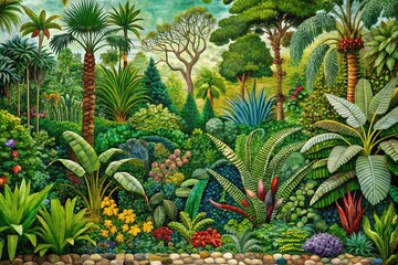 Botanical Paradise Mosaic: Vibrant greens, lush foliage, tessellated patterns, tropical and serene, intricate linework