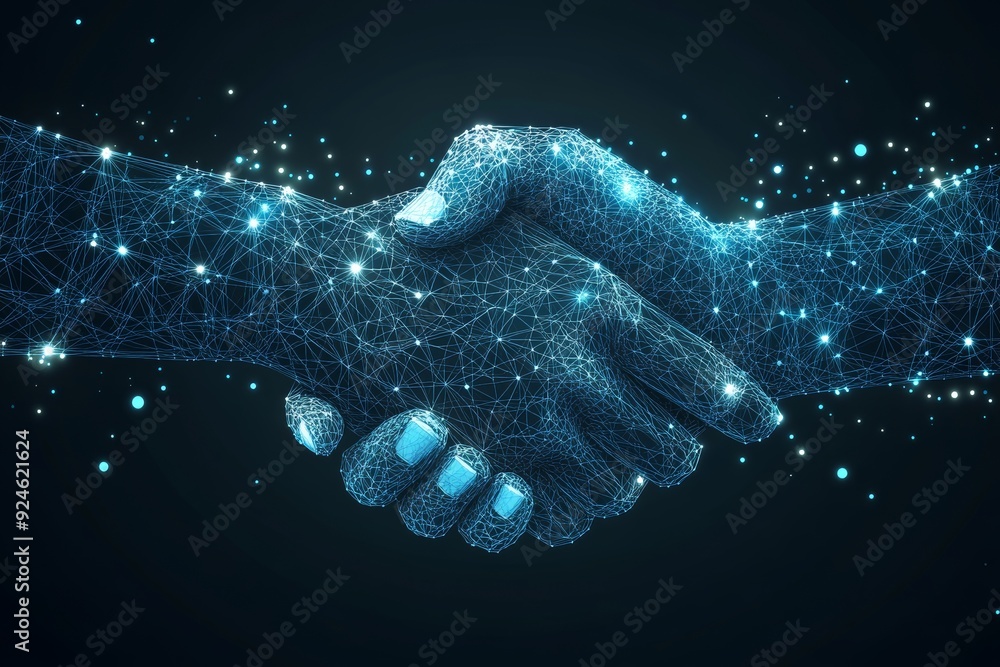 Poster an abstract handshake with stars and the universe in the background. a modern business illustration 
