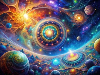 Celestial Ambiguity: Surreal, abstract, futuristic, cosmic patterns, vibrant colors