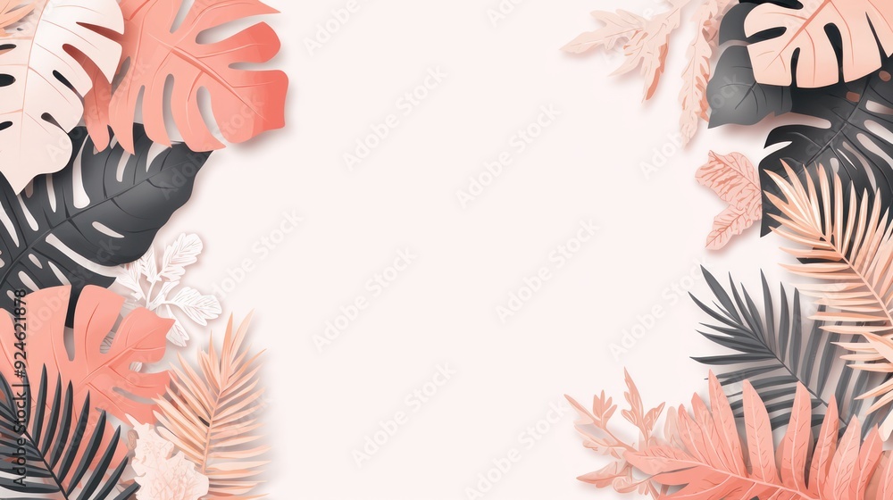 Poster serene pastel peach tropical leaves on soft grey background with copy space for text., generative ai