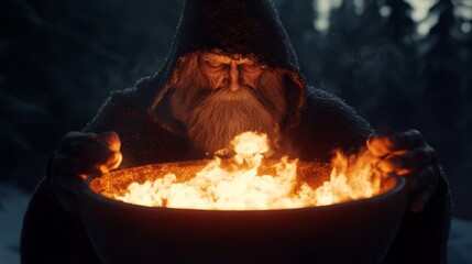 In a misty, moonlit forest, a wise old wizard stands before a bubbling cauldron, casting an ancient spell. The air is filled with the scent of magical herbs