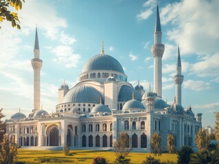 Obraz premium A large white building with a blue dome and a blue spire