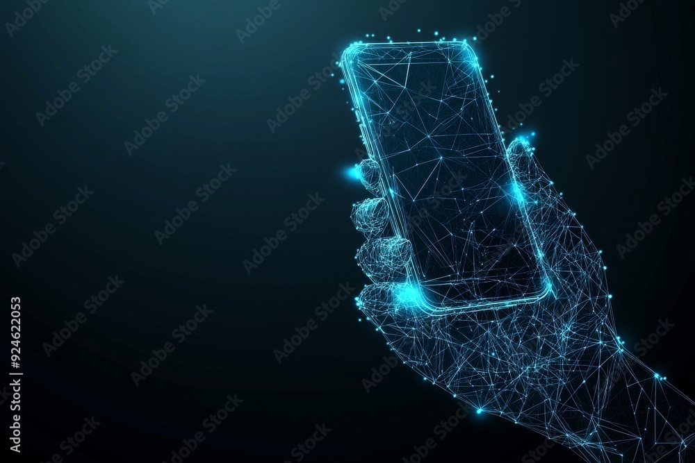 Poster an abstract image of a smartphone in the shape of a starry sky or space, with points, lines, and sha