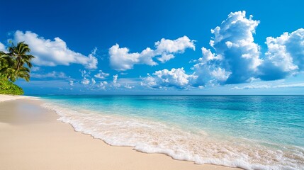 Obraz premium A beautiful tropical beach scene with pristine sand, clear blue waters, and fluffy white clouds under a bright sky.