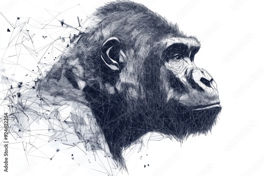 Poster a mysterious mash up of lines and points and a gorilla head on a white background with an inscriptio