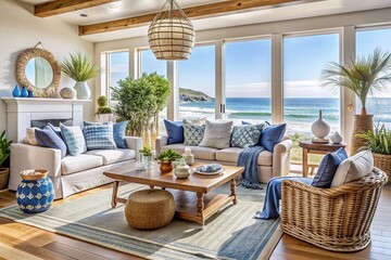 Coastal California Dream: Blue and white hues, natural wood, wicker accents, beachy vibes.