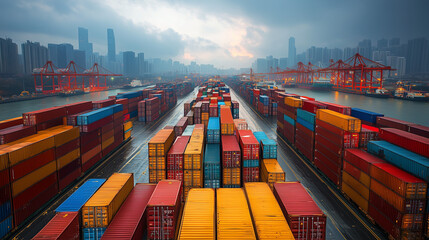 Global Trade: Rows of vibrant shipping containers line a bustling port, with skyscrapers and cranes in the background, capturing the essence of international commerce and global logistics. 
