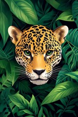 A majestic leopard peeks through vibrant green leaves, showcasing its striking features and captivating gaze.