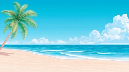 Fototapeta premium A serene beach scene featuring a palm tree, sandy shore, and calm ocean waves under a bright blue sky with fluffy clouds.