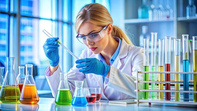 Chemistry Laboratory: Woman Handling Pipettes and Test Tubes